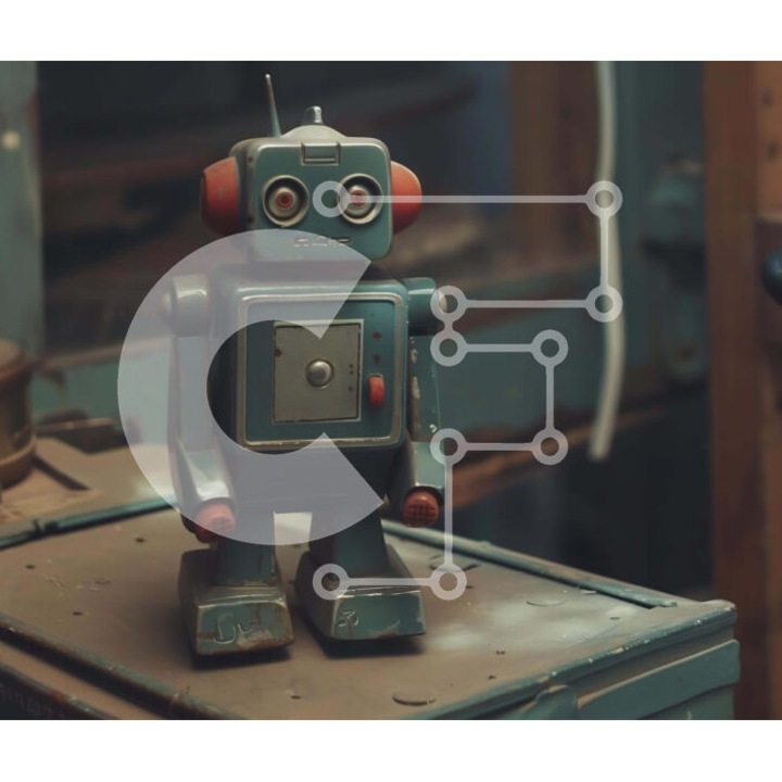 Puzzle Intrahome, 10x10 cm, 25 piese, imagine retro robot, cutie din lemn wenge