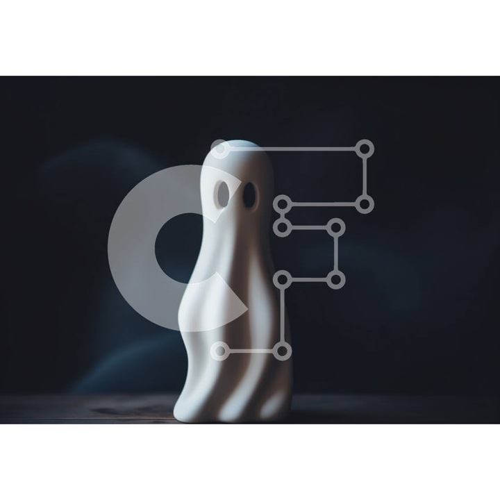 Puzzle din lemn Intrahome, fantoma alba pe masa din lemn cu fum intunecat, 10x10 cm, 25 piese, set in cutie de lemn wenge