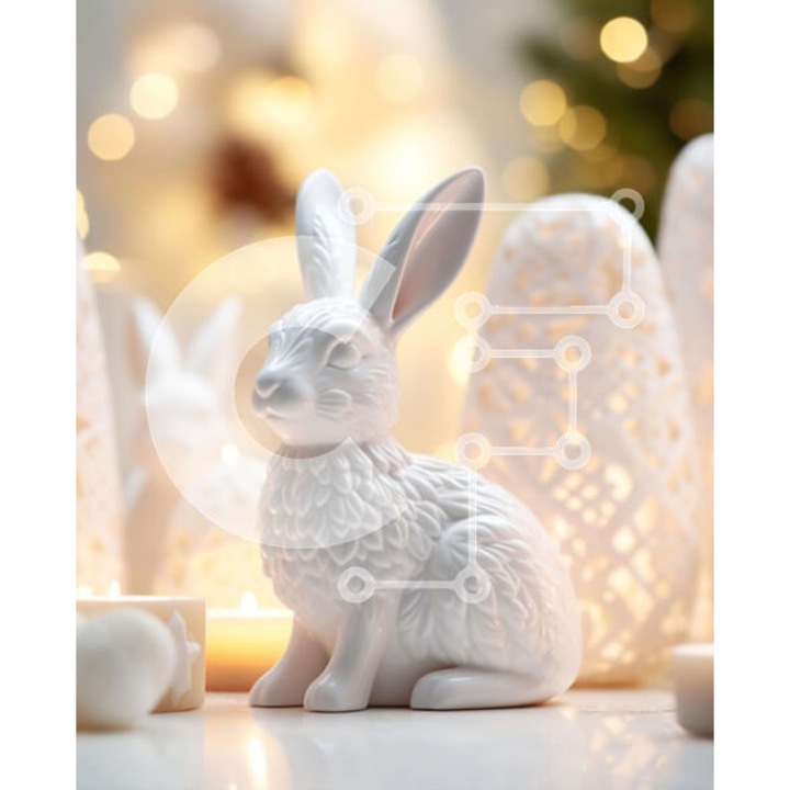 Puzzle din lemn Intrahome, 10x10 cm, 25 piese, design iepure alb cu lumanari si elemente decorative, cutie din lemn wenge