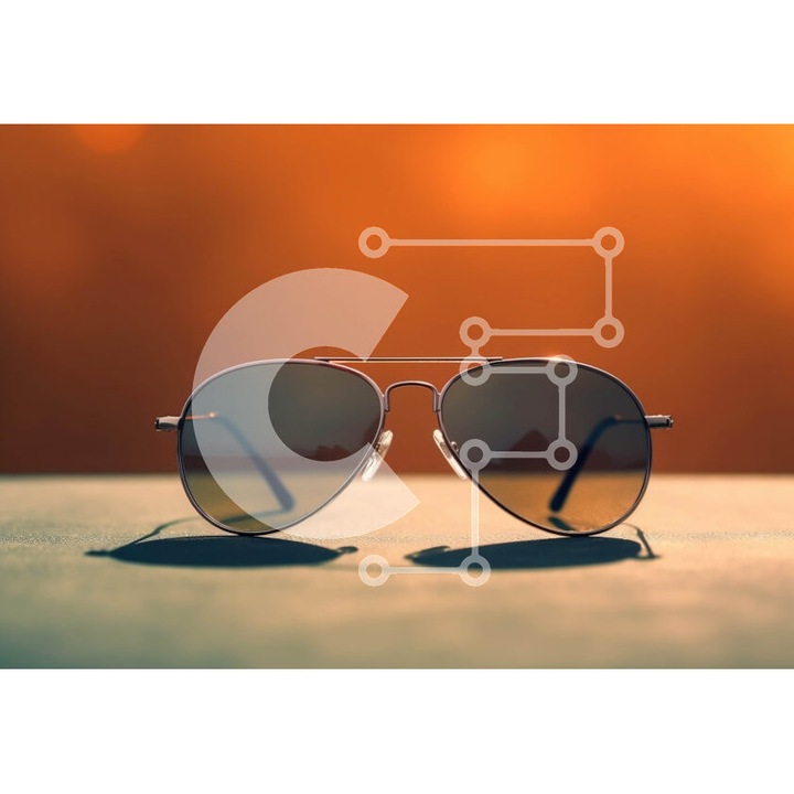 Puzzle din lemn Intrahome, 10x10 cm, 25 piese, imagine cu ochelari de soare pe masa, cutie din lemn wenge