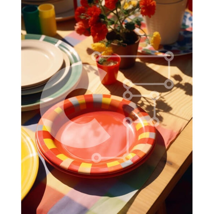 Puzzle din lemn Intrahome, polychromo, scena de masa cu plante in ghivece, set 25 piese, dimensiuni 10x10 cm, in cutie de lemn.