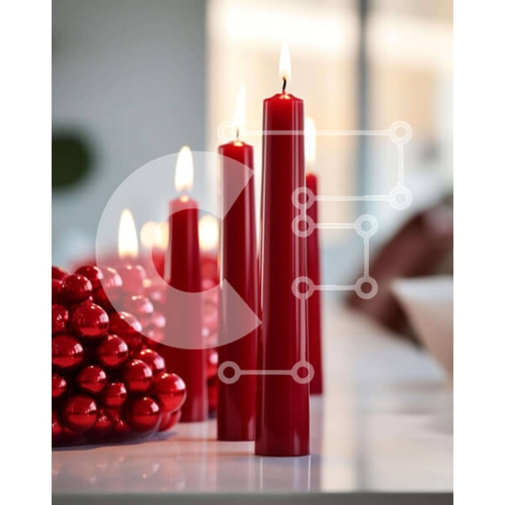 Puzzle din lemn Intrahome, serie cu lumanari rosii si bile pe masa, 10x10 cm, 25 piese, cutie din lemn wenge