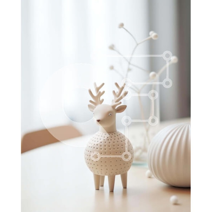 Puzzle din lemn Intrahome, 10x10 cm, 25 piese, design cu elefant alb pe masa cu plante si flori, cutie din lemn wenge