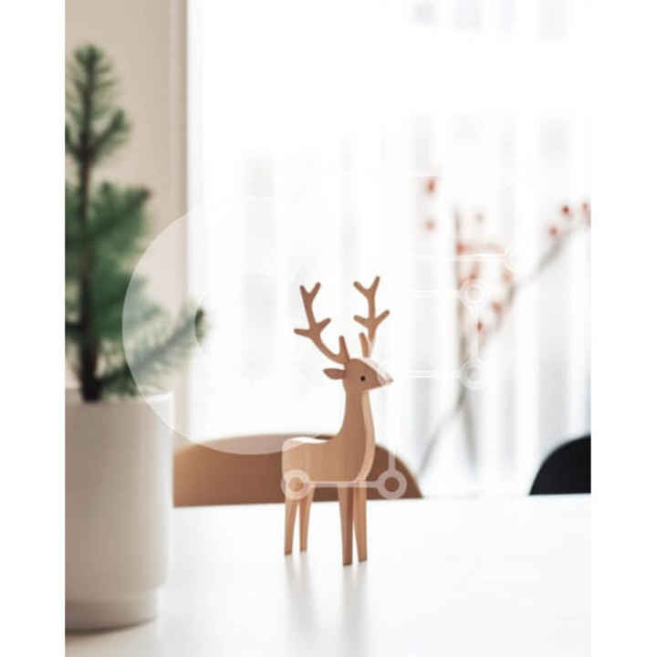 Puzzle din lemn Intrahome, 10x10 cm, 25 piese, design cu masa si plante in ghivece, cutie din lemn wenge