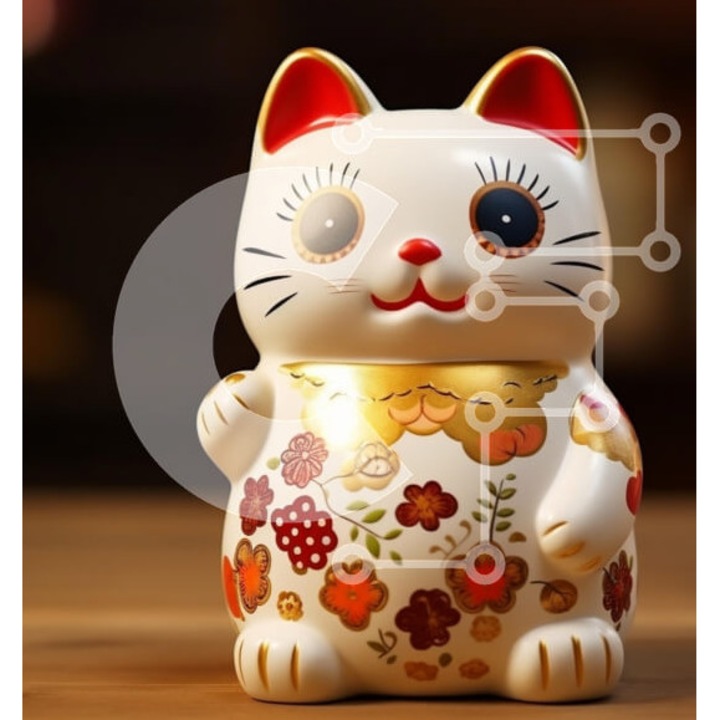 Puzzle Intrahome, 10x10 cm, 25 piese, design ceramic pisica Maneki-neko, cutie din lemn wenge