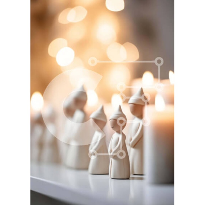 Puzzle din lemn Intrahome, 10x10 cm, 25 piese, decorare masa cu figurine albe si lumanari, cutie din lemn wenge