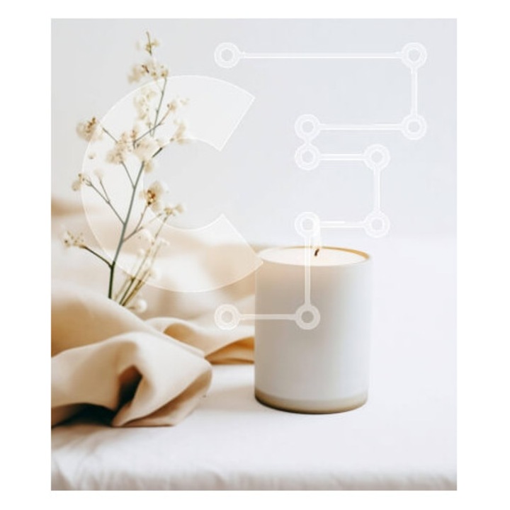 Puzzle din lemn Intrahome, 10x10 cm, 25 piese, design cu candela alba pe fata de masa bej, cutie din lemn wenge.