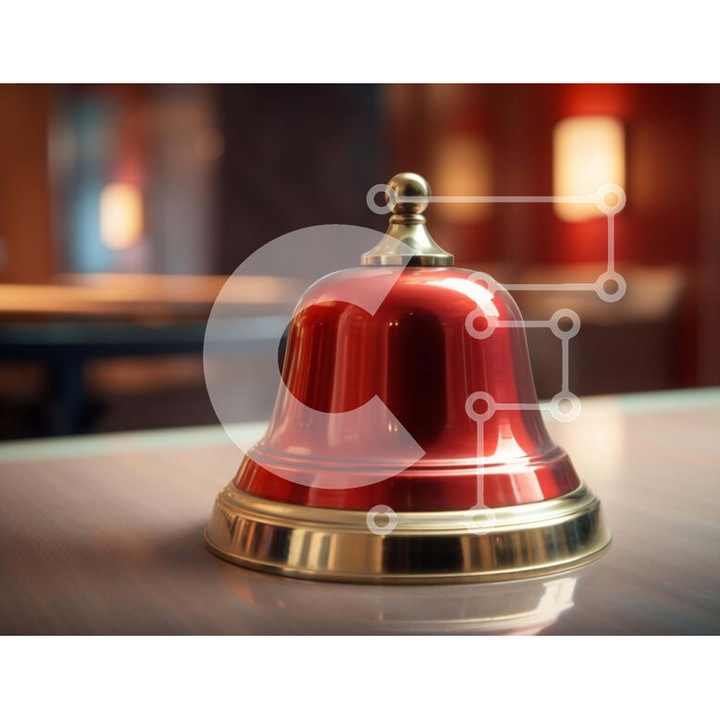 Puzzle Intrahome, 10x10 cm, 25 piese, imagine cu clopotel rosu pe masa decorata, cutie din lemn wenge