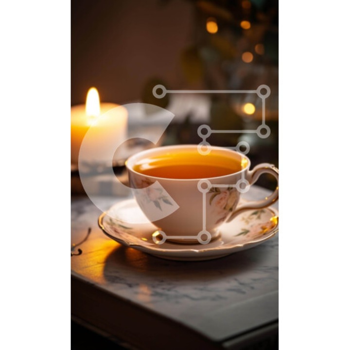 Puzzle din lemn Intrahome, 10x10cm, 25 piese, imagine cu ceai si carte deschisa, cutie din lemn wenge