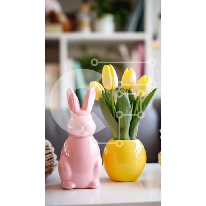 Puzzle din lemn Intrahome, 10x10 cm, 25 piese, design iepure cu lalele, cutie din lemn wenge