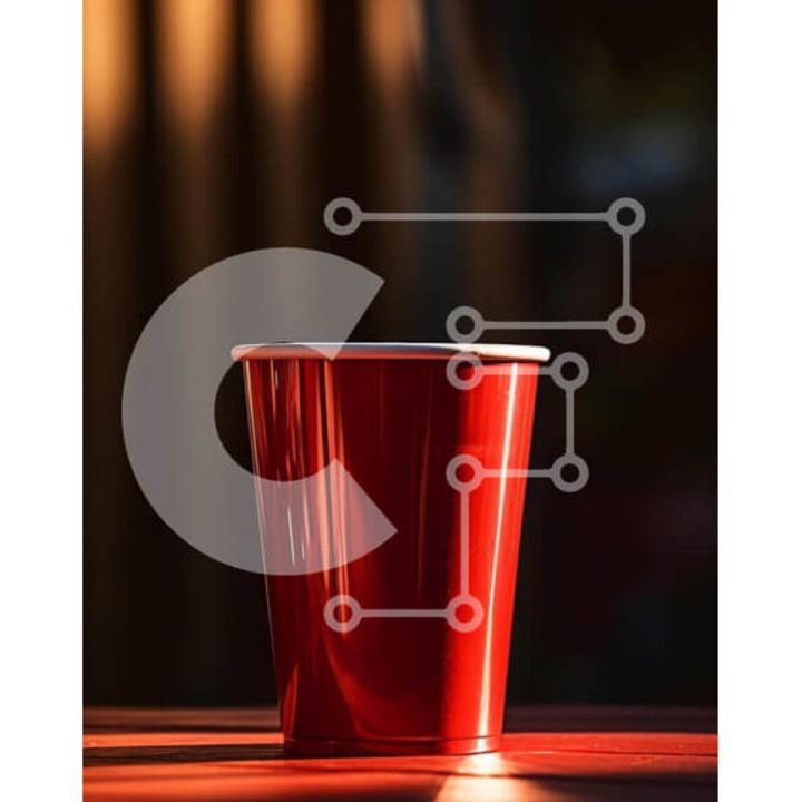 Puzzle Intrahome 10x10 cm, 25 piese, imagine cu pahar rosu pe masa din lemn, cutie din lemn wenge