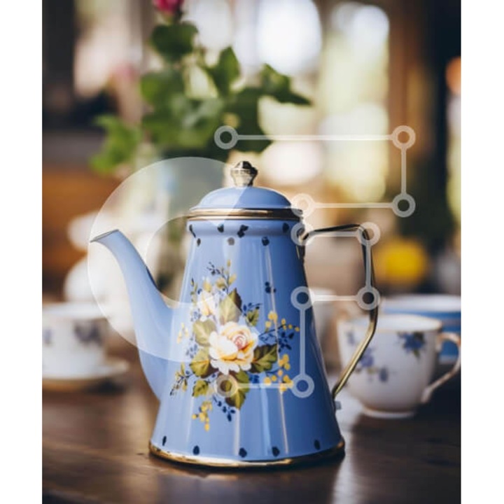 Puzzle din lemn Intrahome, 10x10 cm, 25 piese, imagine cu tsagiera albastra si flori pe masa, cutie din lemn wenge