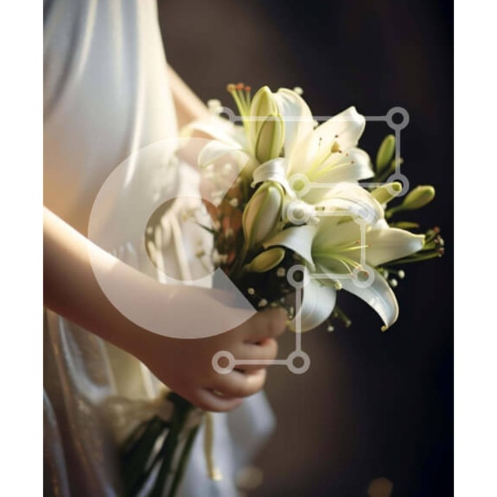 Puzzle Intrahome, 10x10 cm, 25 piese, imagine cu papusa si buchet de crini albi, cutie din lemn wenge