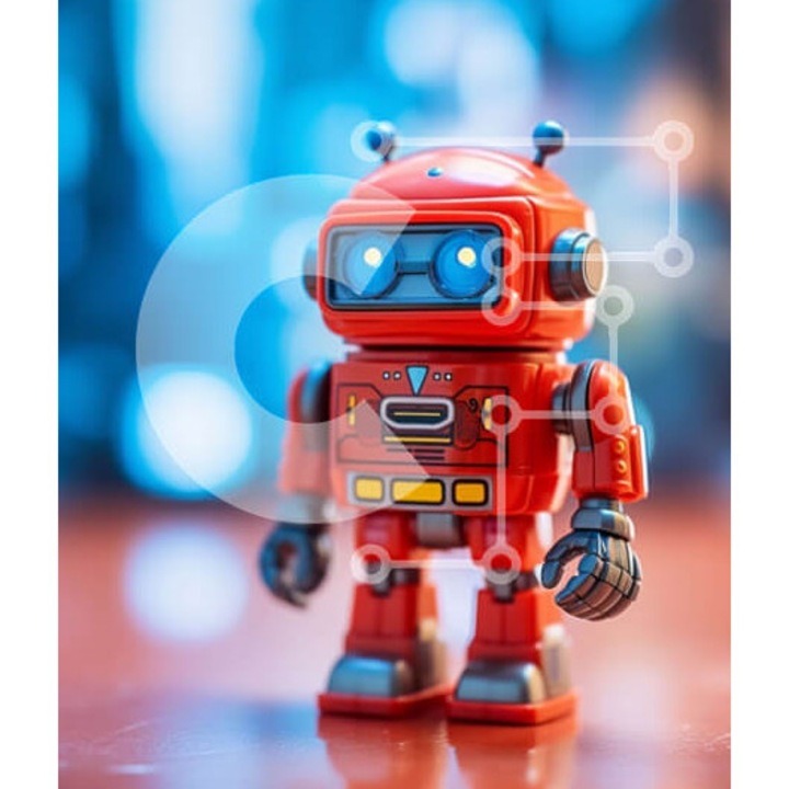 Puzzle Intrahome, 10x10 cm, 25 piese, imagine robot rosu, cutie din lemn wenge
