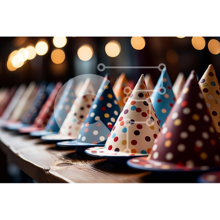 Puzzle din lemn Intrahome, 10x10 cm, 25 piese, design colorat cu palarii pentru petrecere, cutie din lemn wenge