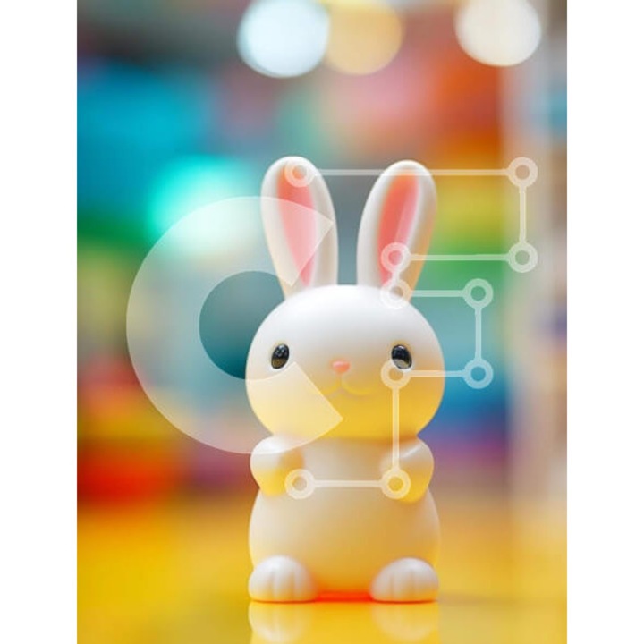 Puzzle Intrahome, 10x10 cm, 25 piese, imagine iepuras alb pe masa portocalie, cutie din lemn wenge