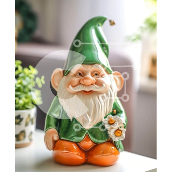 Puzzle din lemn Intrahome, 10x10 cm, 25 piese, design gnom pe masa cu plante in ghivece, cutie din lemn wenge