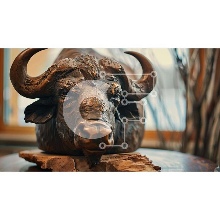 Puzzle din lemn Intrahome, 10x10 cm, 25 piese, imagine cu cap de boubalou pe masa de lemn, cutie din lemn wenge