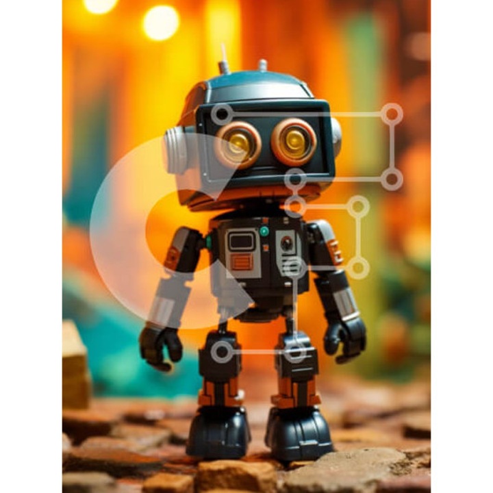 Puzzle Intrahome, 10x10 cm, 25 piese, design robot, culori multicolore, cutie din lemn wenge