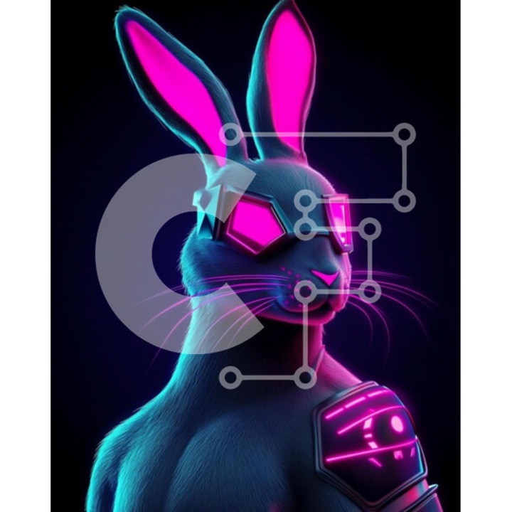 Puzzle din lemn Intrahome, caracter stilizat iepure, culori neon, 10x10 cm, 25 piese, set in cutie de lemn