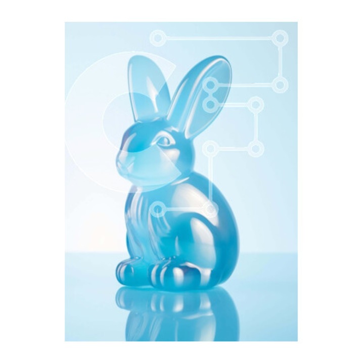 Puzzle din lemn Intrahome, 10x10 cm, 25 piese, imagine cu iepure albastru pe masa, cutie din lemn wenge