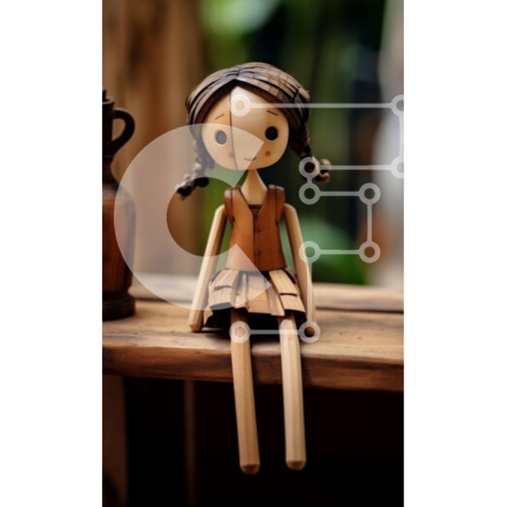 Puzzle Intrahome, 10x10 cm, 25 piese, imagine cu papusa pe masa, cutie din lemn wenge