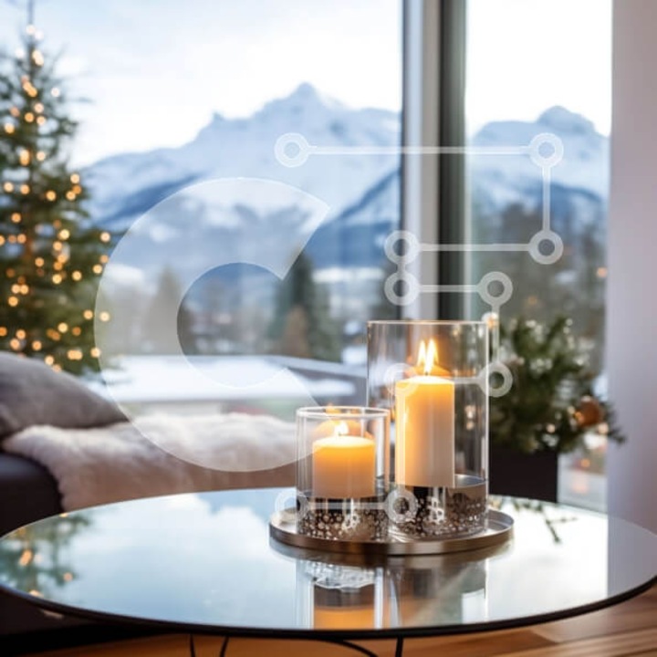 Puzzle din lemn Intrahome, 10x10 cm, 25 piese, imagine cu masa de sticla si lumanari, cutie din lemn wenge