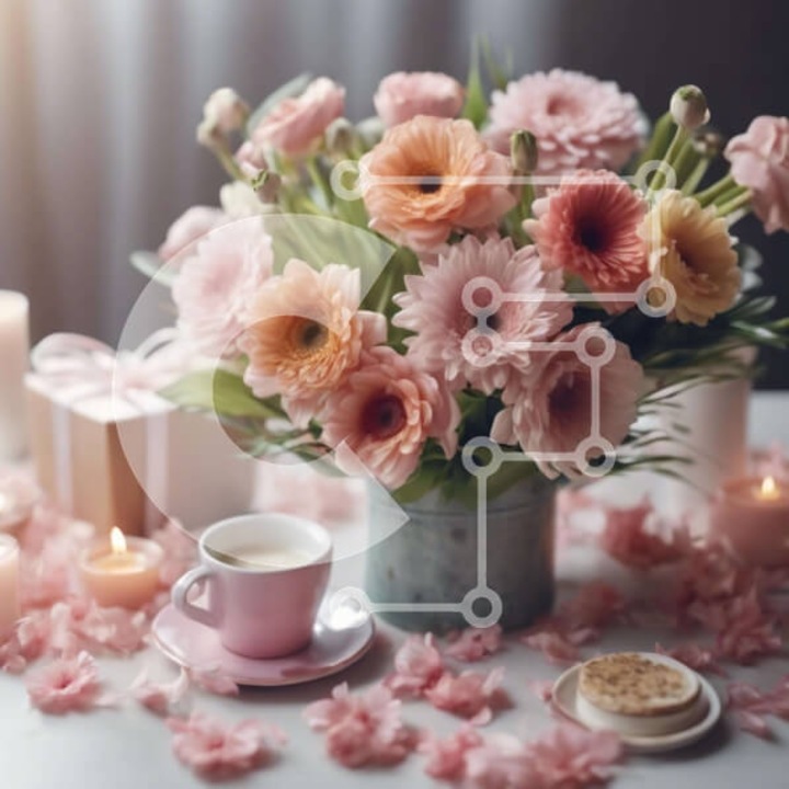 Puzzle din lemn Intrahome, 10x10 cm, 25 piese, imagine cu masa si flori roz, cutie din lemn wenge