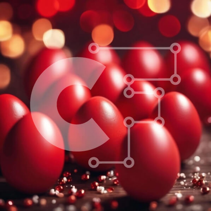 Puzzle Intrahome, 10x10 cm, 25 piese, imagine cu oua pascale rosii pe masa din lemn, cutie din lemn wenge