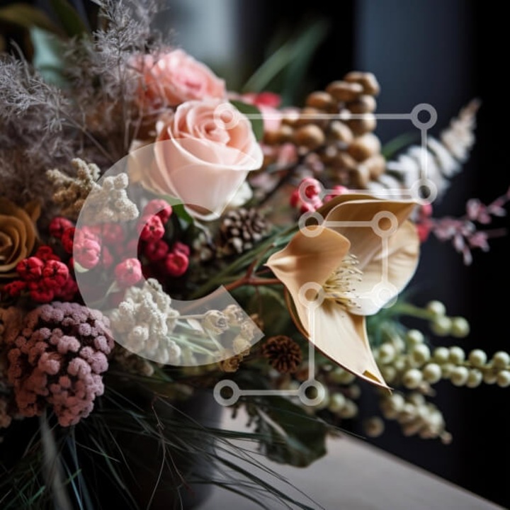 Puzzle din lemn Intrahome, set 25 piese, multicolor, dimensiuni 10x10 cm, cu flori pe masa de lemn.