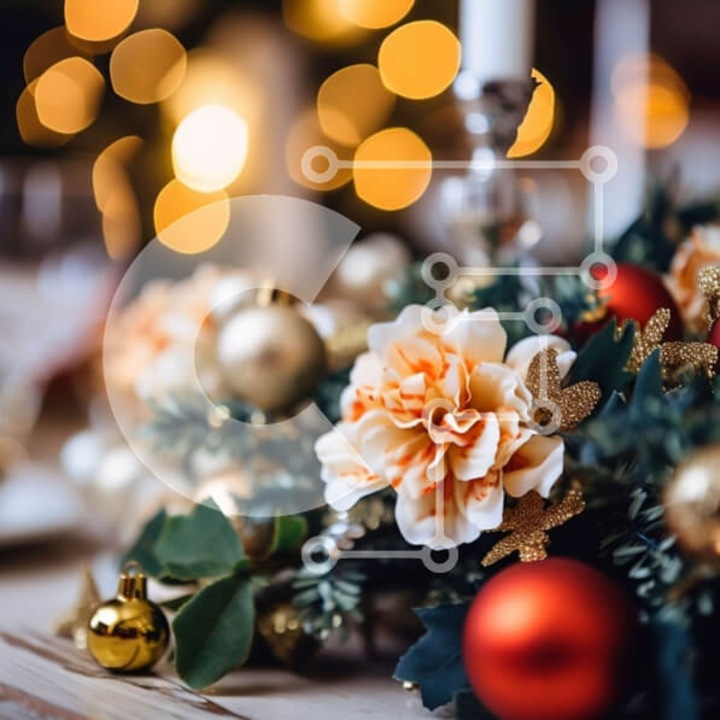 Puzzle din lemn Intrahome, 10x10 cm, 25 piese, design festiv cu flori aurii si rosii, cutie din lemn wenge