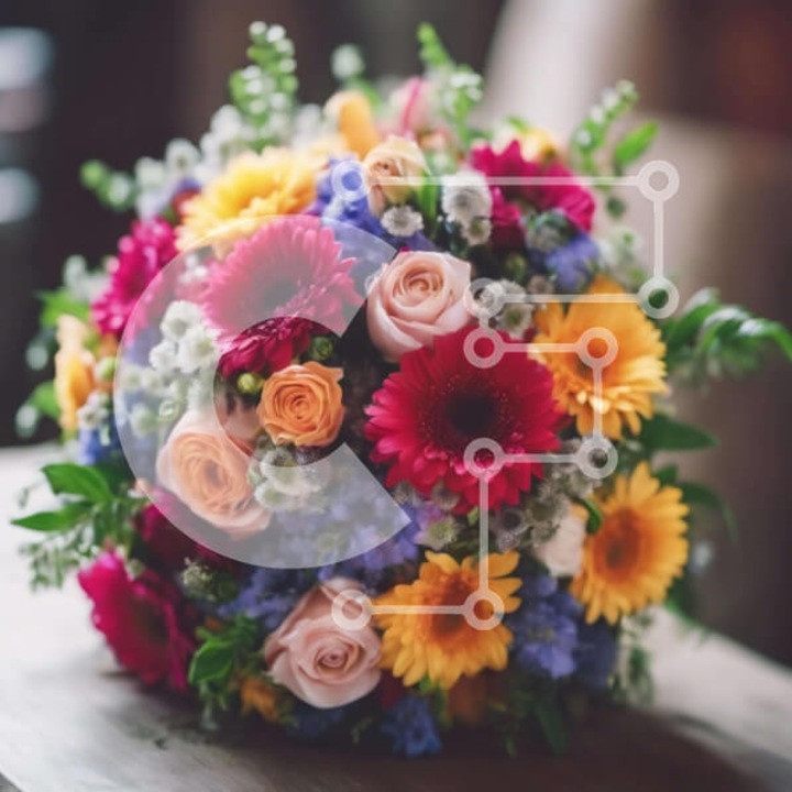 Puzzle din lemn Intrahome - Buchet colorat de flori pe masa veche, 10x10 cm, 25 piese, set in cutie de lemn wenge