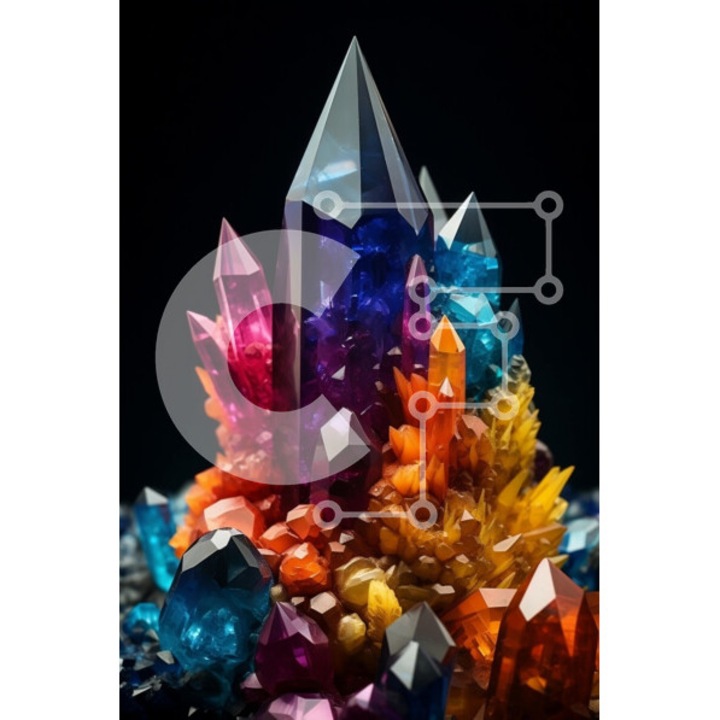 Puzzle din lemn Intrahome, 10x10 cm, 25 piese, imagine cu cristale multicolore pe fundal inchis, cutie din lemn wenge.