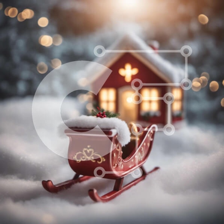 Puzzle din lemn Intrahome, 10x10 cm, 25 piese, scena festiva cu elcethro si casa, cutie din lemn wenge