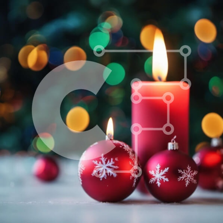 Puzzle Intrahome, 10x10 cm, 25 piese, imagine cu lumanari rosii si decoratiuni de Craciun, cutie din lemn wenge