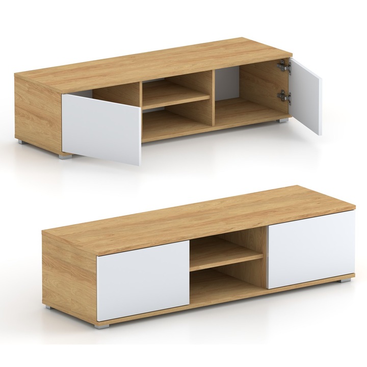 Comoda RTV Gindo 120 cm, 2 usi, naturala, alba, 120x30x32cm