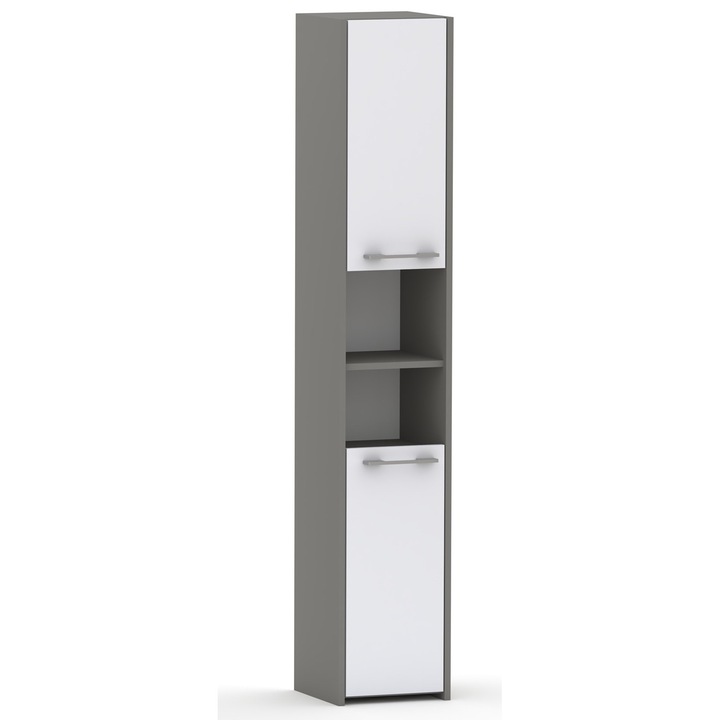 Slupek baie Gindo 40 cm, 2D, 6 polite reglabile, rezistent la umiditate, gri cu fronturi albe