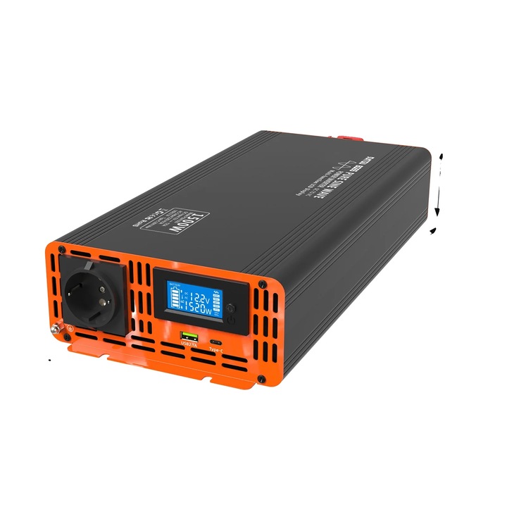 Inverter auto PSW-12V 1500W, unda sinusoidala pura, eficienta 90%, iesire duala de tensiune