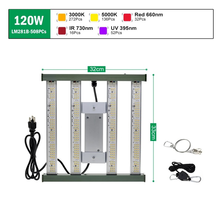 LED növénytermesztő lámpa, teljes spektrumú növekedési fény, 120W, IP65 vízálló, szabályozható, 110–240V, EU csatlakozó, alumínium ház, színváltós