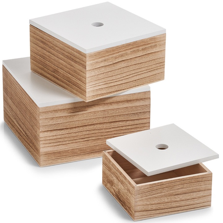 Set 3 cutii depozitare cu capac Zeller, Lemn, Maro/Alb