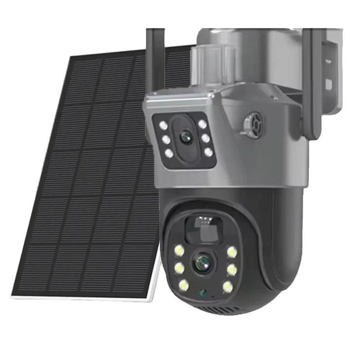 Camera de supraveghere, WIFI, Solara, duala, alimentare solara, 8MP, 0-360°, gri/negru