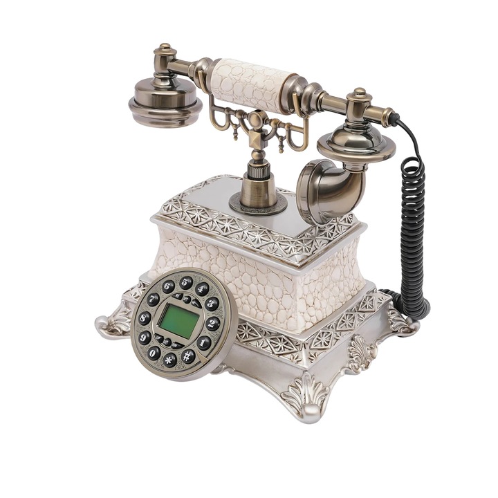 Telefon cu fir, design retro vintage, alb, dimensiuni standard