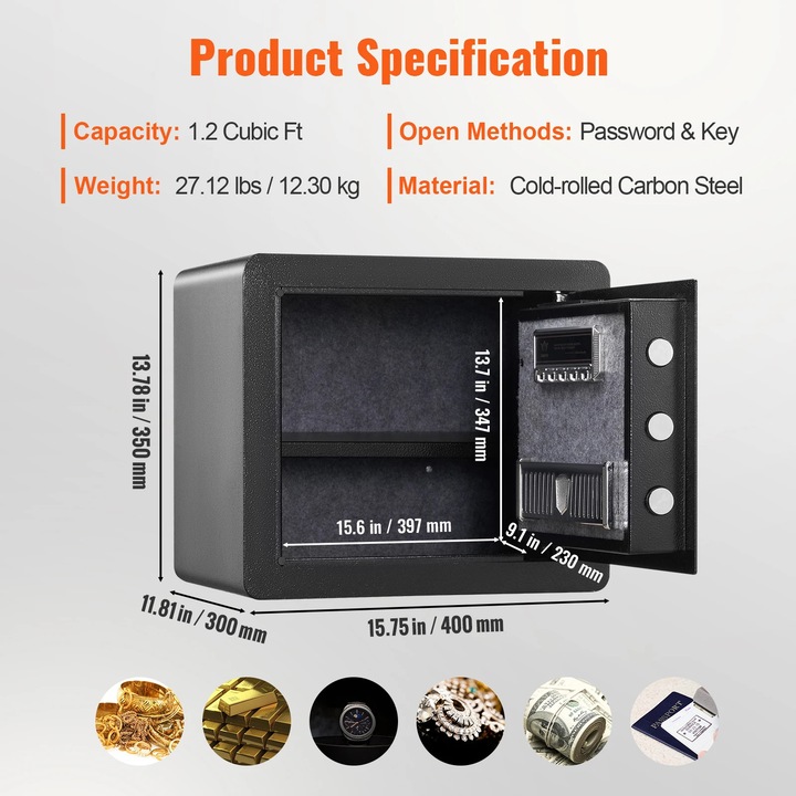 Seif electronic, 1.2 Cubbic Fit, lacat digital, optiune de suprascriere, design compact, rezistent la apa si foc
