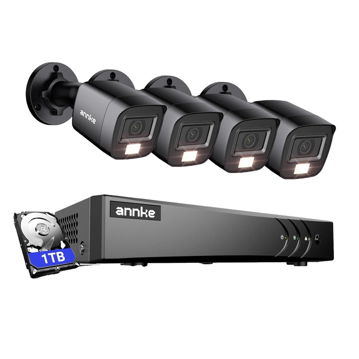 Система за видеонаблюдение Annke, 4 броя, AI детекция, цветно нощно виждане, 1TB