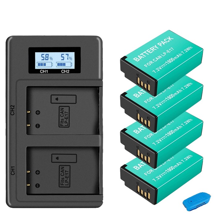 Set incarcator si 4 baterii reincarcabile, 7.4V, 1800mAh, compatibile cu camere Canon