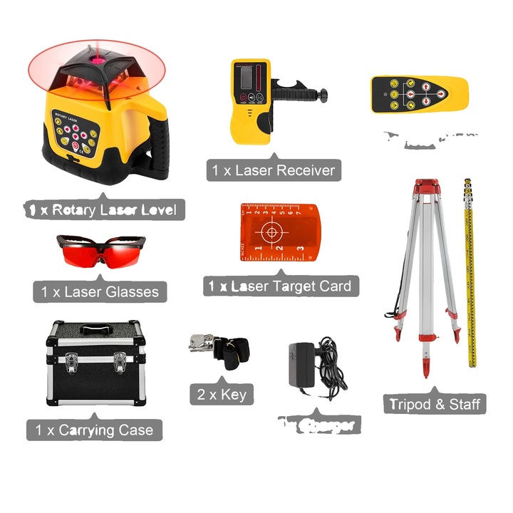 Nivela rotativa, set kit 1, precizie inalta, auto-nivelare, raza rosie, 500m, material aluminiu