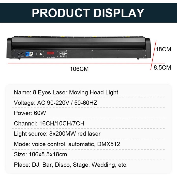 Lumina laser mobila, 8 lasere, control DMX, negru, 500MW