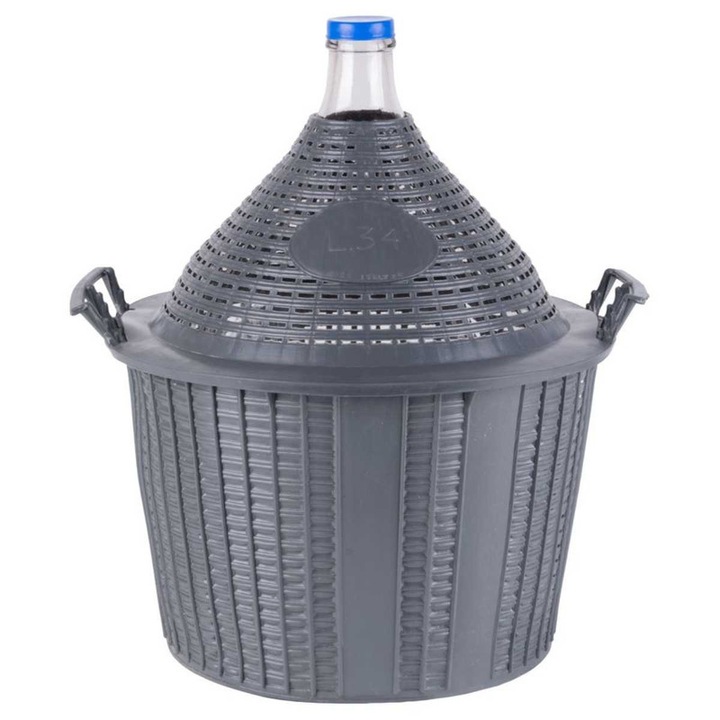 Damigeana Mercaton din Sticla cu Capac, Manere si Cos din Plastic, Gura Larga 55 mm, 34 Litri, 570x460/355 mm