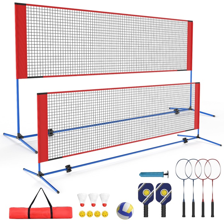 Wildfun Szett, tollaslabda háló, összecsukható röplabda háló 4 ütővel, állítható magasság 91 és 157 cm között, hordozható szett röplabda és pickleball ütővel és tollaslabda ütővel, kertbe, beltérre és kültérre