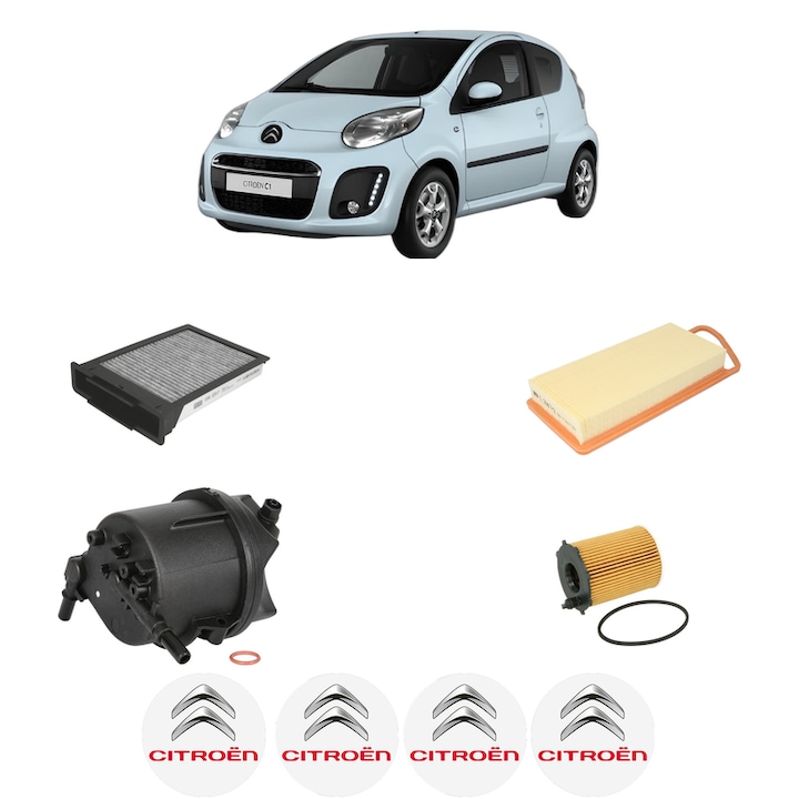 Pachet revizie CITROEN C1 (PM_, PN_) 1.4 HDi din 2005-2014, Contine filtru aer, ulei, combustibil, polen habitaclu carbon MANN, 4x Stickere cu CITROEN